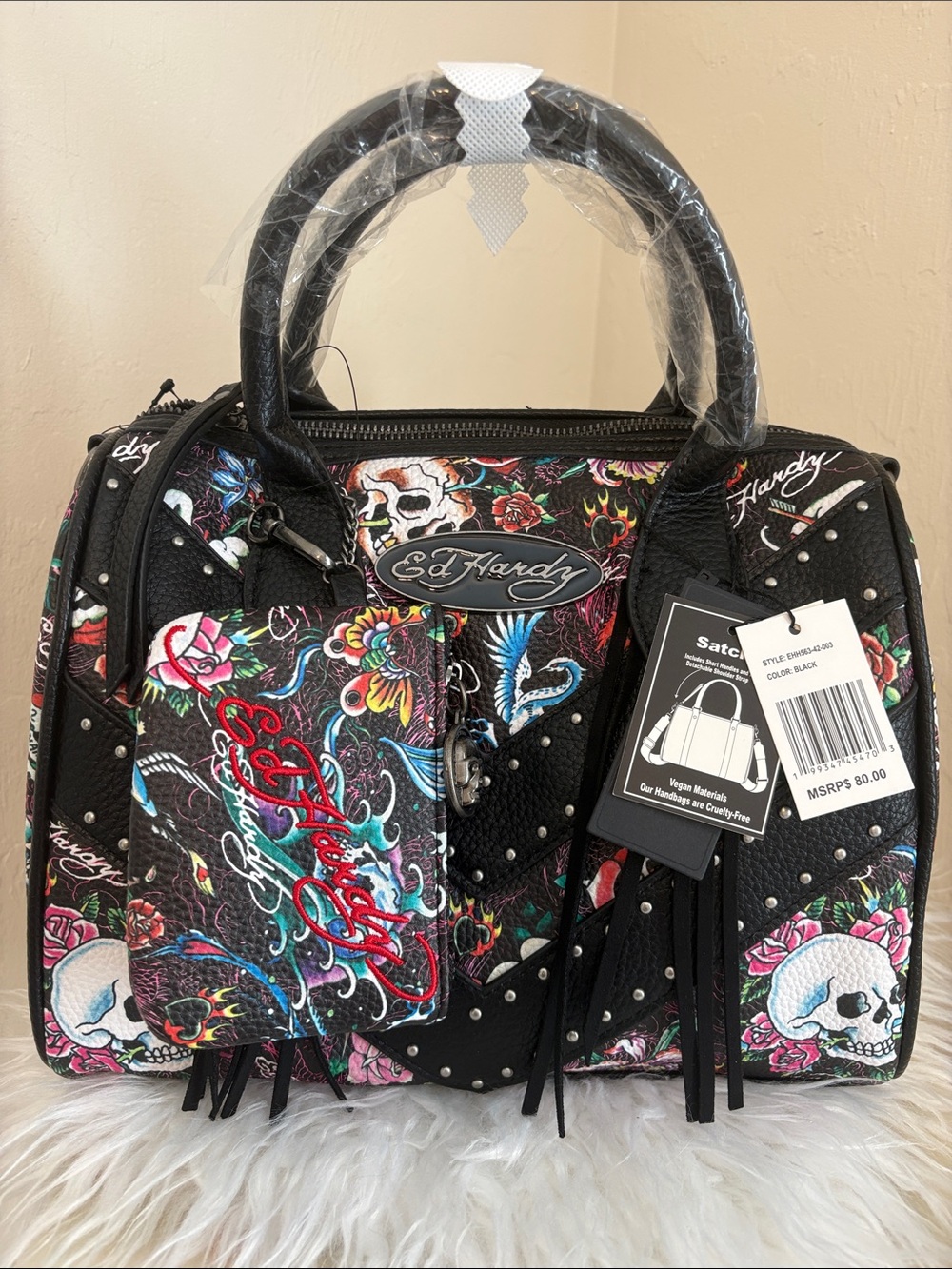 NWT Ed Hardy Tattoo Print Satchel with Crossbody Strap & Coin Purse.